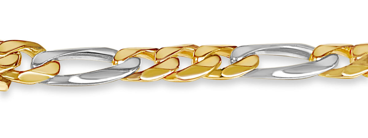 Figaro Solid White/Yellow/Rose Gold Handmade Bracelet, 9mm, 6.5-10 Inch