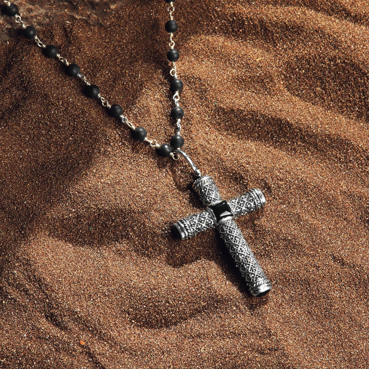 Profound Belief Silver Matte Onyx Cross Charm Necklace