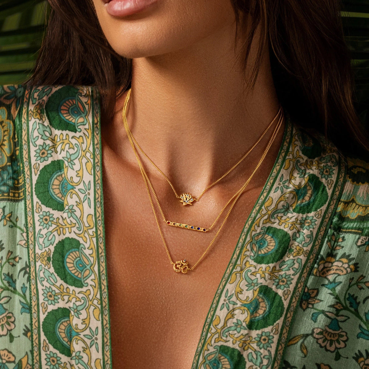 Aligned in Serenity Lotus OM Chakra Bar Triple Layer Necklace