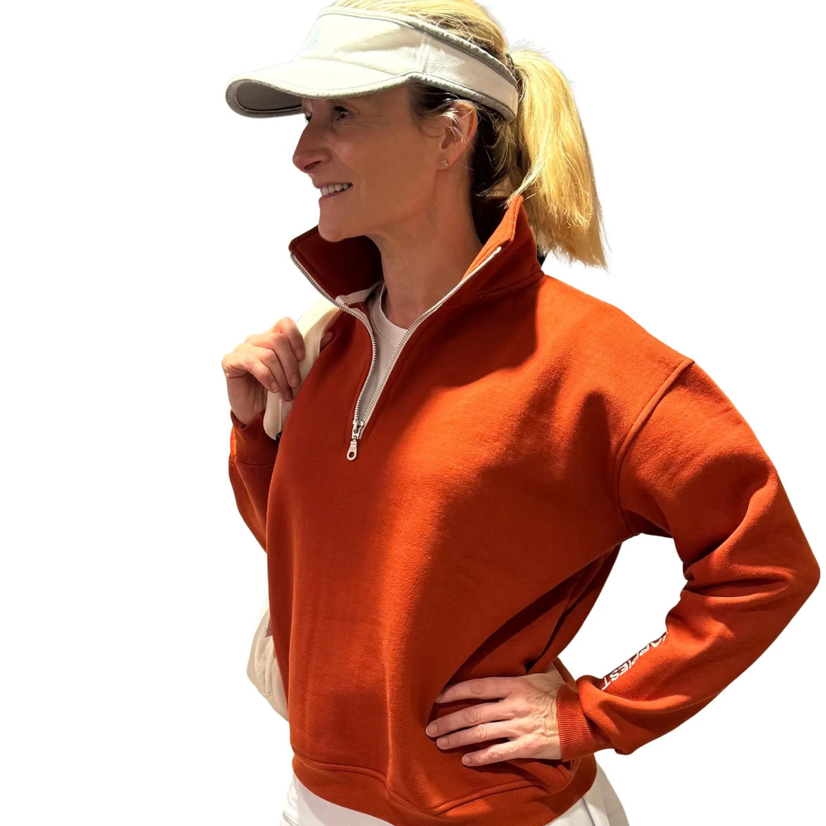 Happiest on the Court® 1/4 zip tennis sweatshirt in Burnt Orange