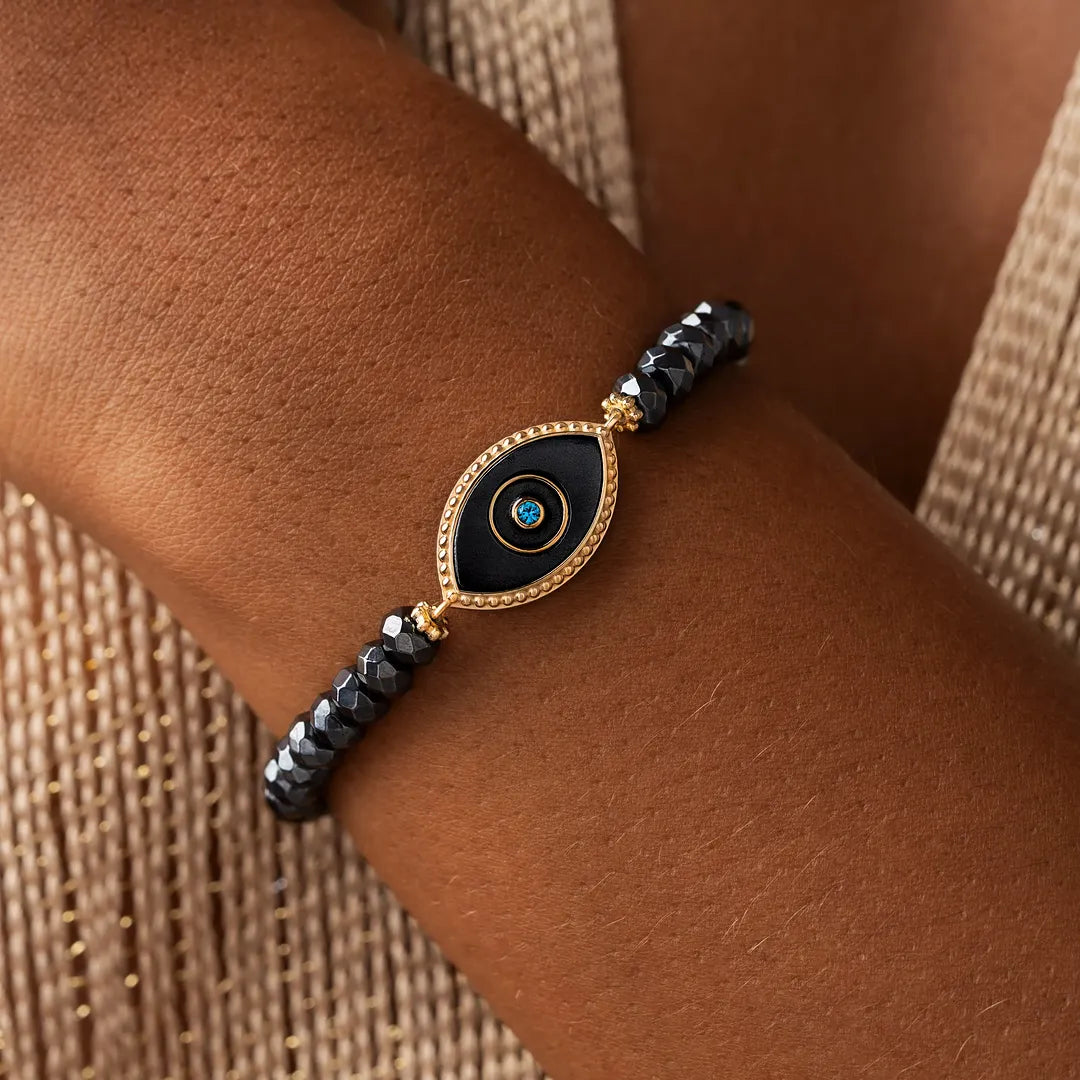 Steady Light Evil Eye Hematite & Aquamarine Gold Bracelet