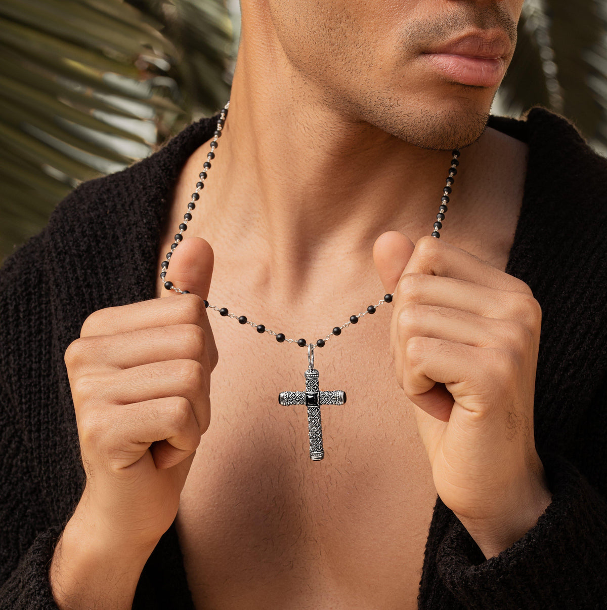 Profound Belief Silver Matte Onyx Cross Charm Necklace