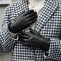 Francesca (black) - Italian lambskin leather gloves with white rabbit fur lining 8