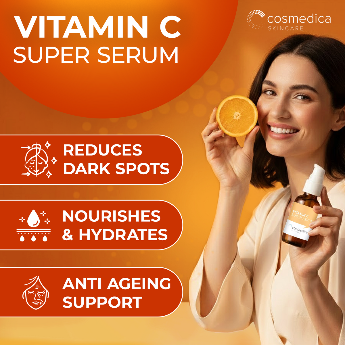 Cosmedica Skincare Vitamin C Serum for Face with Hyaluronic Acid – Anti Aging Serum for Dark Spots, Fine Lines, Wrinkles – Hydrating Collagen Booster for Women & Men