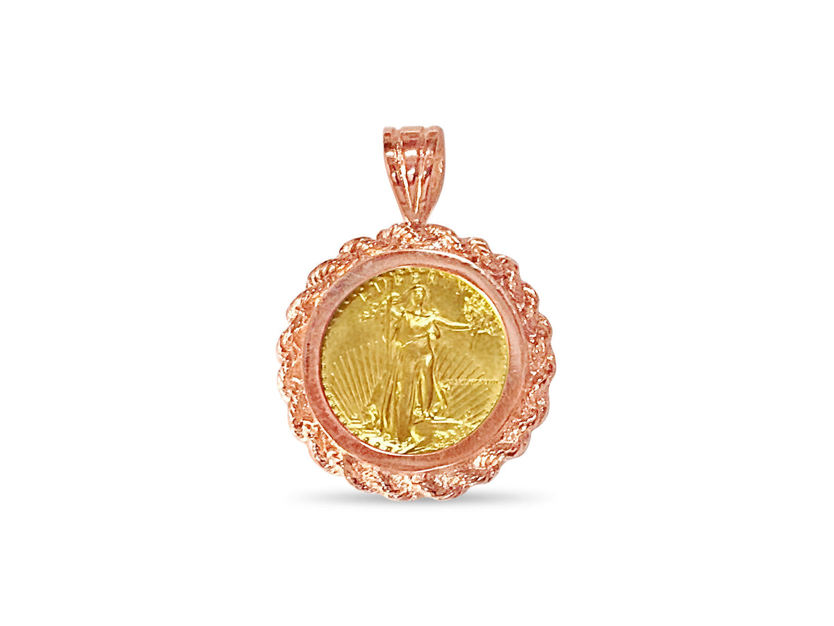 Rope Frame Solid White/Yellow/Rose Gold Handmade Coin Pendant, 1/10oz Coin