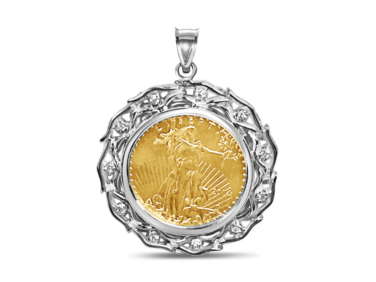 Diamond Fancy Solid White/Yellow/Rose Gold Handmade Coin Pendant, 1/4oz Coin, from 12.2 g