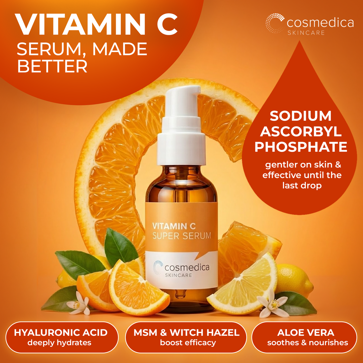 Cosmedica Skincare Vitamin C Serum for Face with Hyaluronic Acid – Anti Aging Serum for Dark Spots, Fine Lines, Wrinkles – Hydrating Collagen Booster for Women & Men
