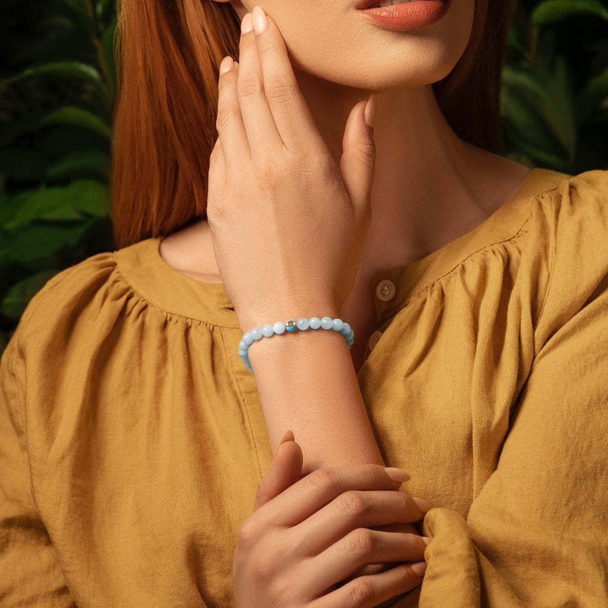 Soothing Rhythm Aquamarine March Birthstone Evil Eye Bracelet