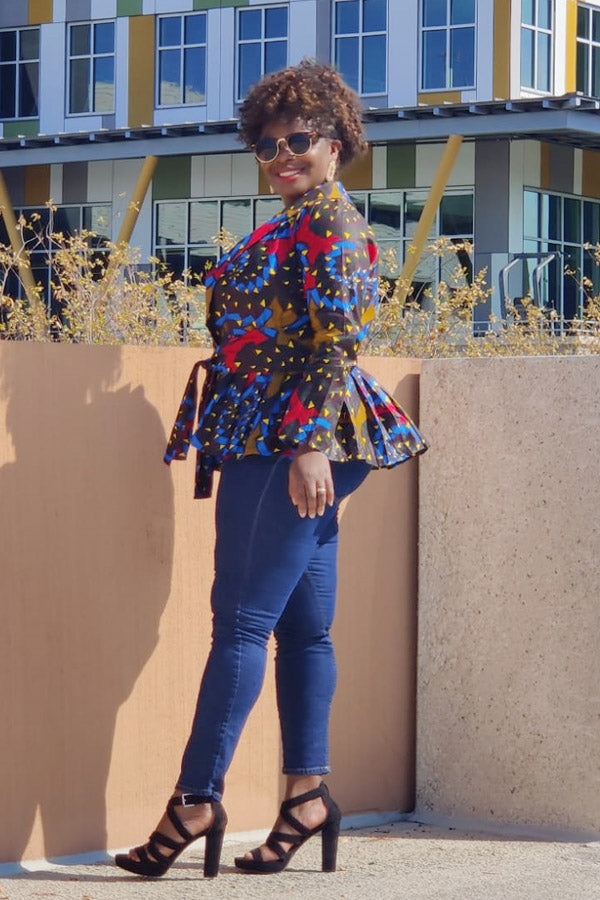 African Print Long Sleeved Peplum Blouse
