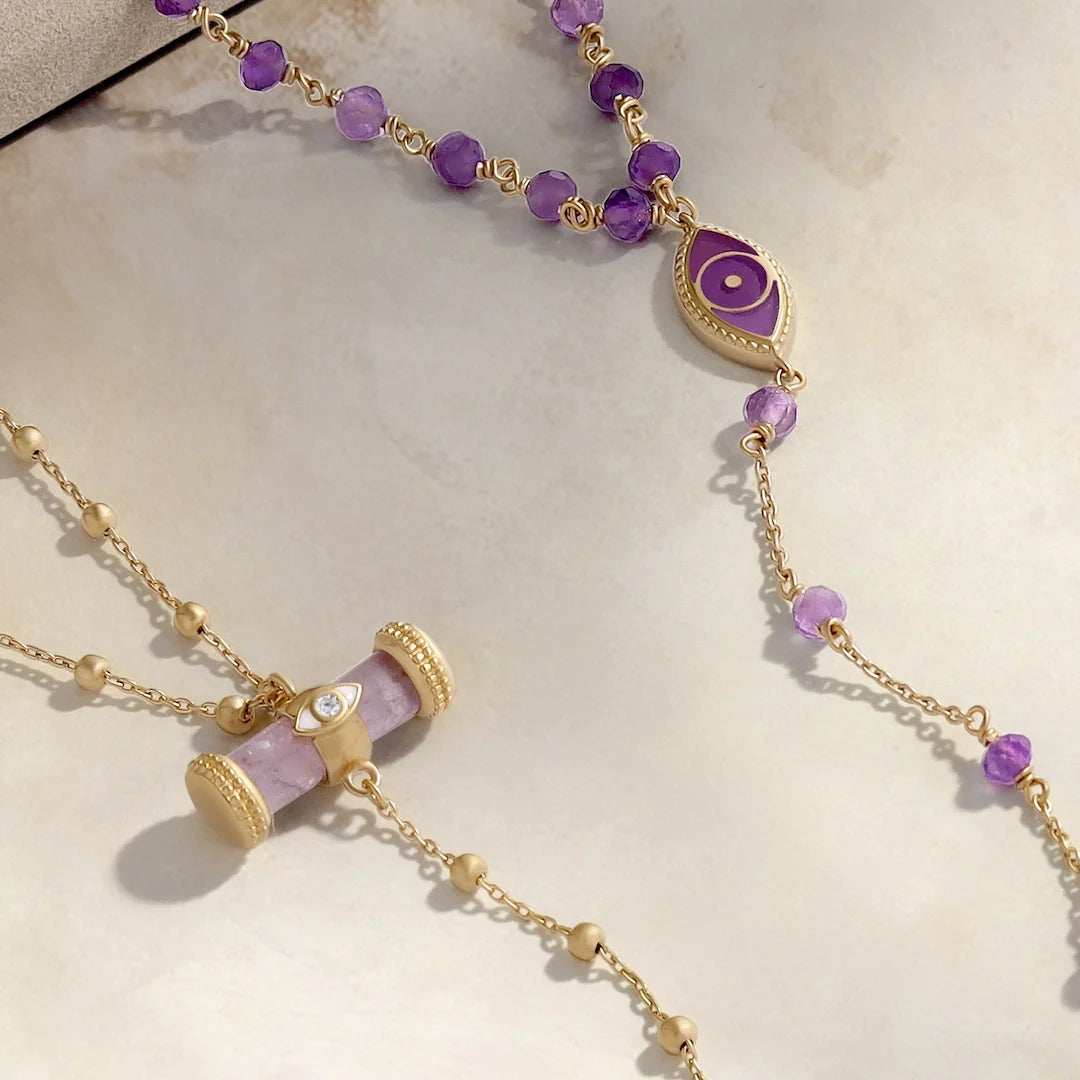Guardian Spirit Amethyst Hamsa & Evil Eye Gold Necklace
