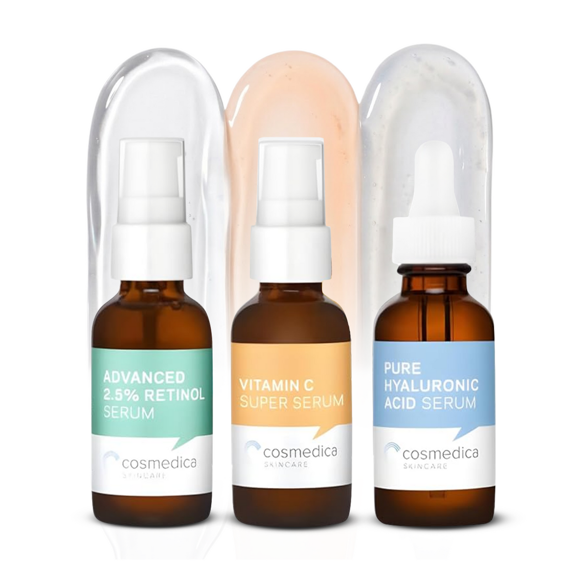 Cosmedica Skincare Facial Serum Trio Set – Vitamin C Serum, 2.5% Retinol Serum & Hyaluronic Acid Serum for Face – Anti Aging, Brightening & Hydrating Skincare – Reduce Wrinkles & Dark Spots – Vegan, Cruelty Free (3 x 1oz)