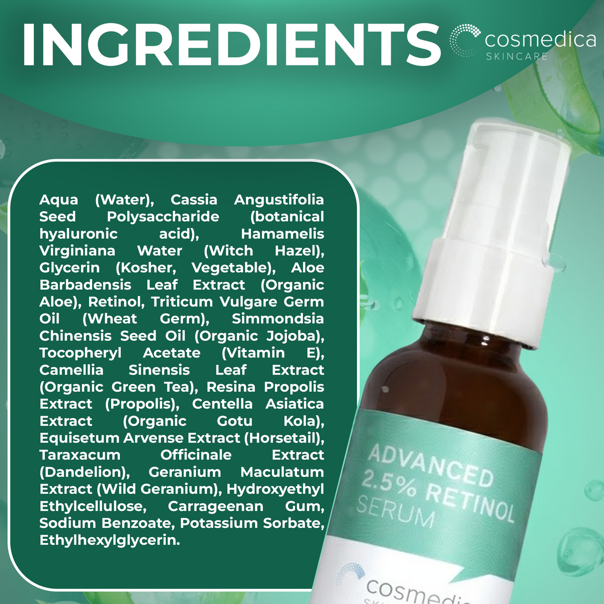 Cosmedica Skincare Retinol Serum 2.5% | Hydrating Vitamin A Serum with Green Tea Hyaluronic Acid Vitamin E | Non-Irritating Serum for Sensitive Skin Oily Skin | 1oz