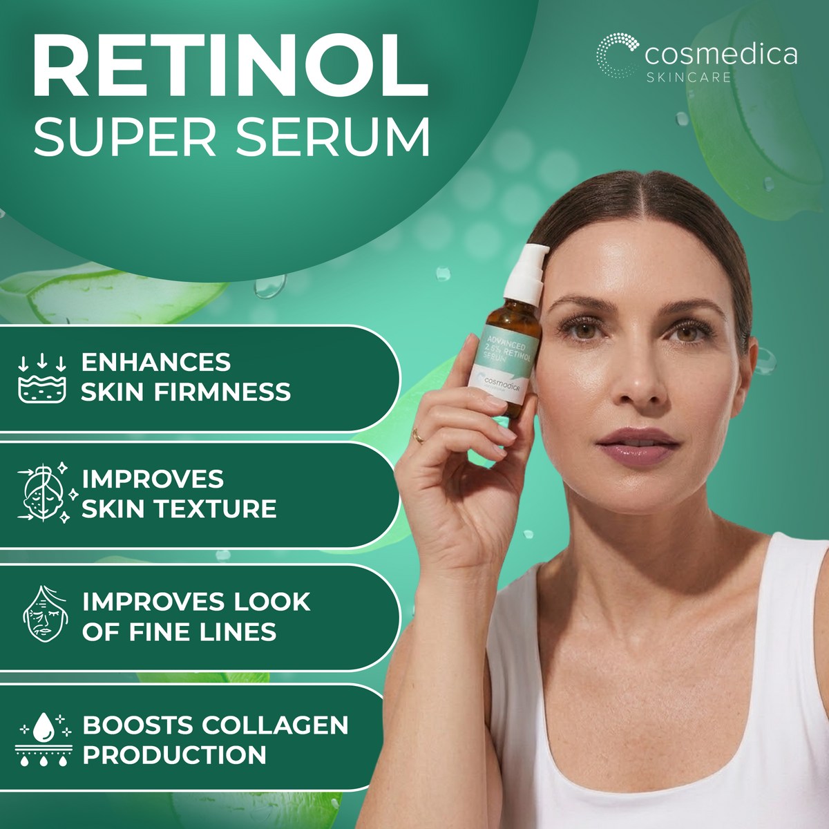 Cosmedica Skincare Retinol Serum 2.5% | Hydrating Vitamin A Serum with Green Tea Hyaluronic Acid Vitamin E | Non-Irritating Serum for Sensitive Skin Oily Skin | 1oz