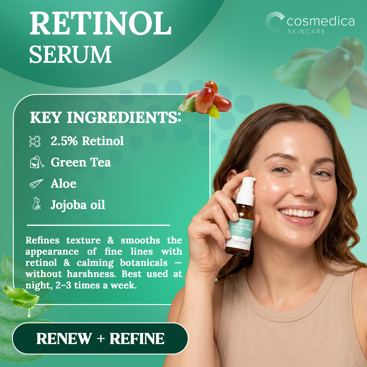 Cosmedica Skincare Facial Serum Trio Set – Vitamin C Serum, 2.5% Retinol Serum & Hyaluronic Acid Serum for Face – Anti Aging, Brightening & Hydrating Skincare – Reduce Wrinkles & Dark Spots – Vegan, Cruelty Free (3 x 1oz)