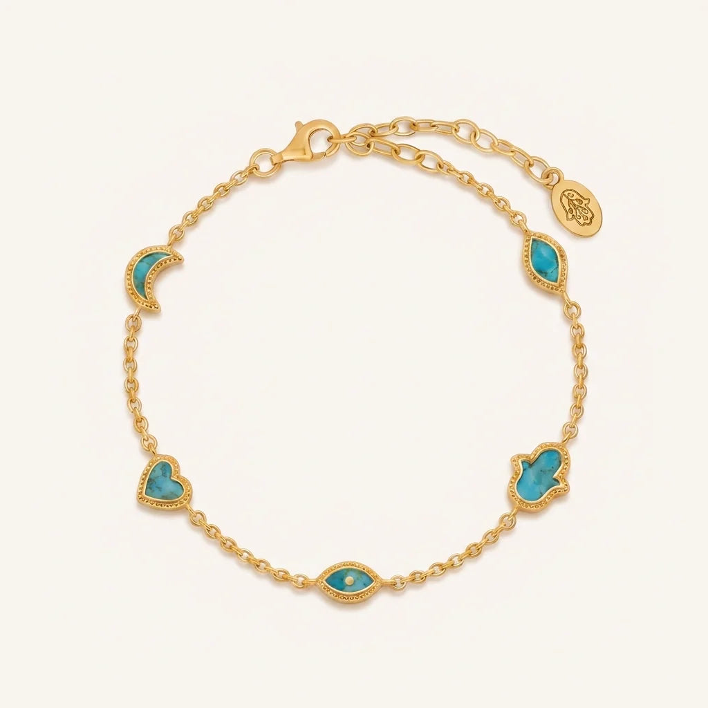 Abundant Clarity Turquoise Multi-Symbol Gold Bracelet