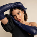 Elena (navy) - Italian silk lined 12-button length leather opera gloves 7