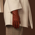 Emilia (brown) - Classic Italian lambskin leather gloves with cashmere lining and checkered pattern 10