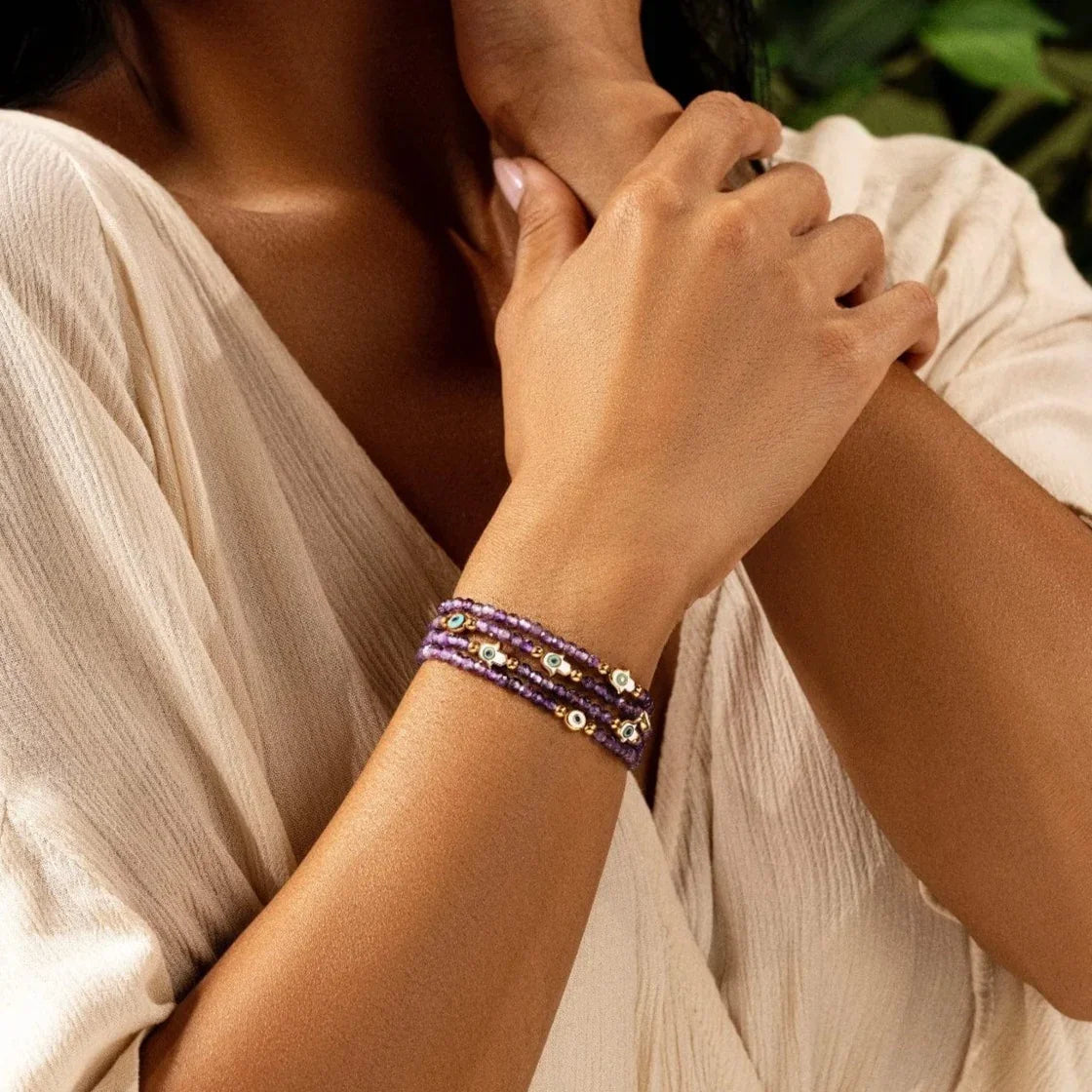 Inner Wisdom Amethyst Hamsa Evil Eye Charm Bracelet
