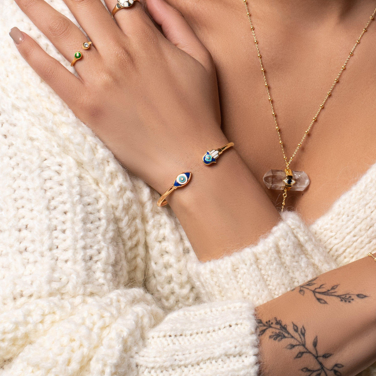 Positive Light Enamel Hamsa Evil Eye Cuff