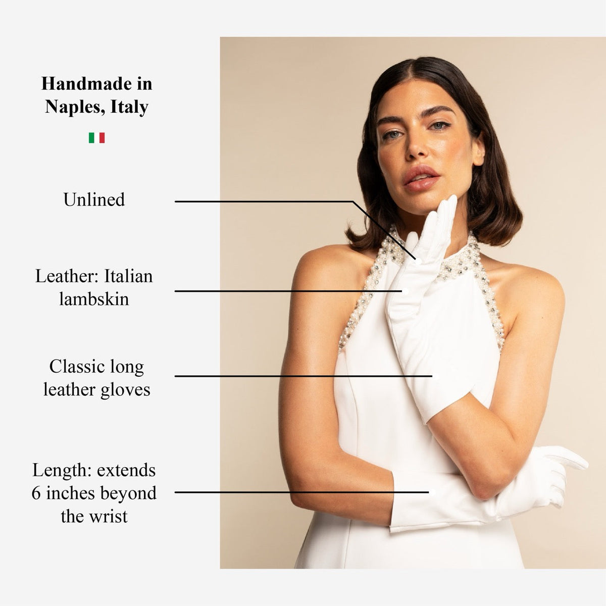 Gabriella (white) - Italian unlined 6-button length leather bridal / opera gloves
