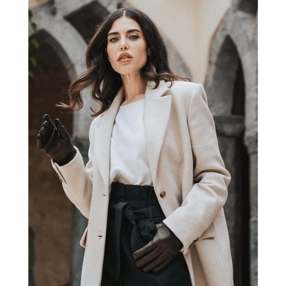 Francesca (brown) - Italian lambskin leather gloves with white rabbit fur lining