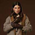 Luciana (brown) - Extended women's Italian lambskin leather gloves with rabbit fur lining 3