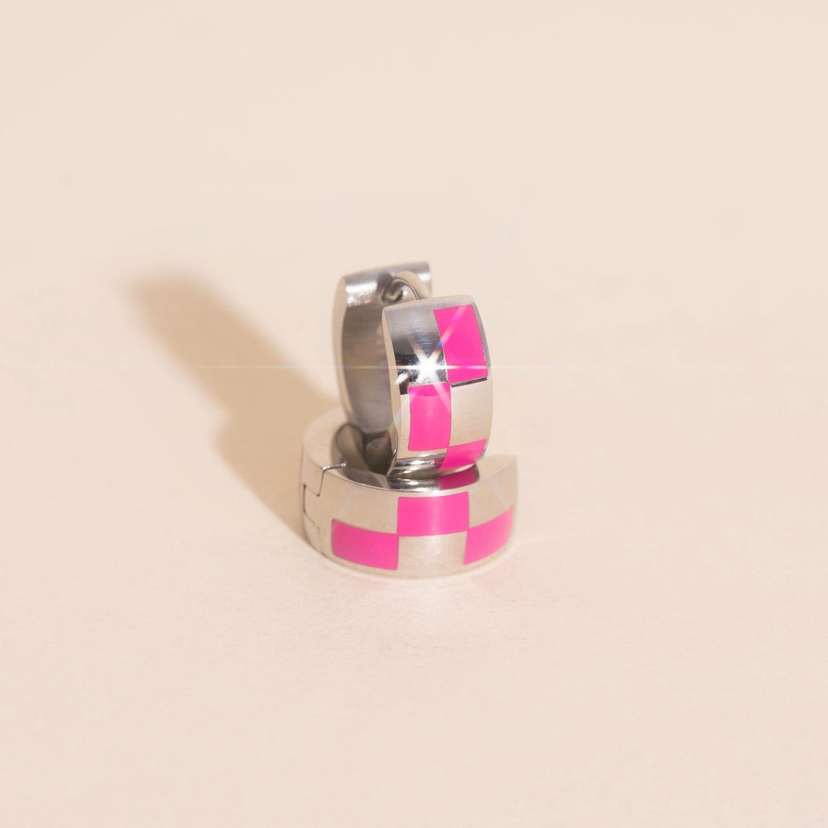 9mm Block Checkered Super Chunky Huggie Hoop Earrings