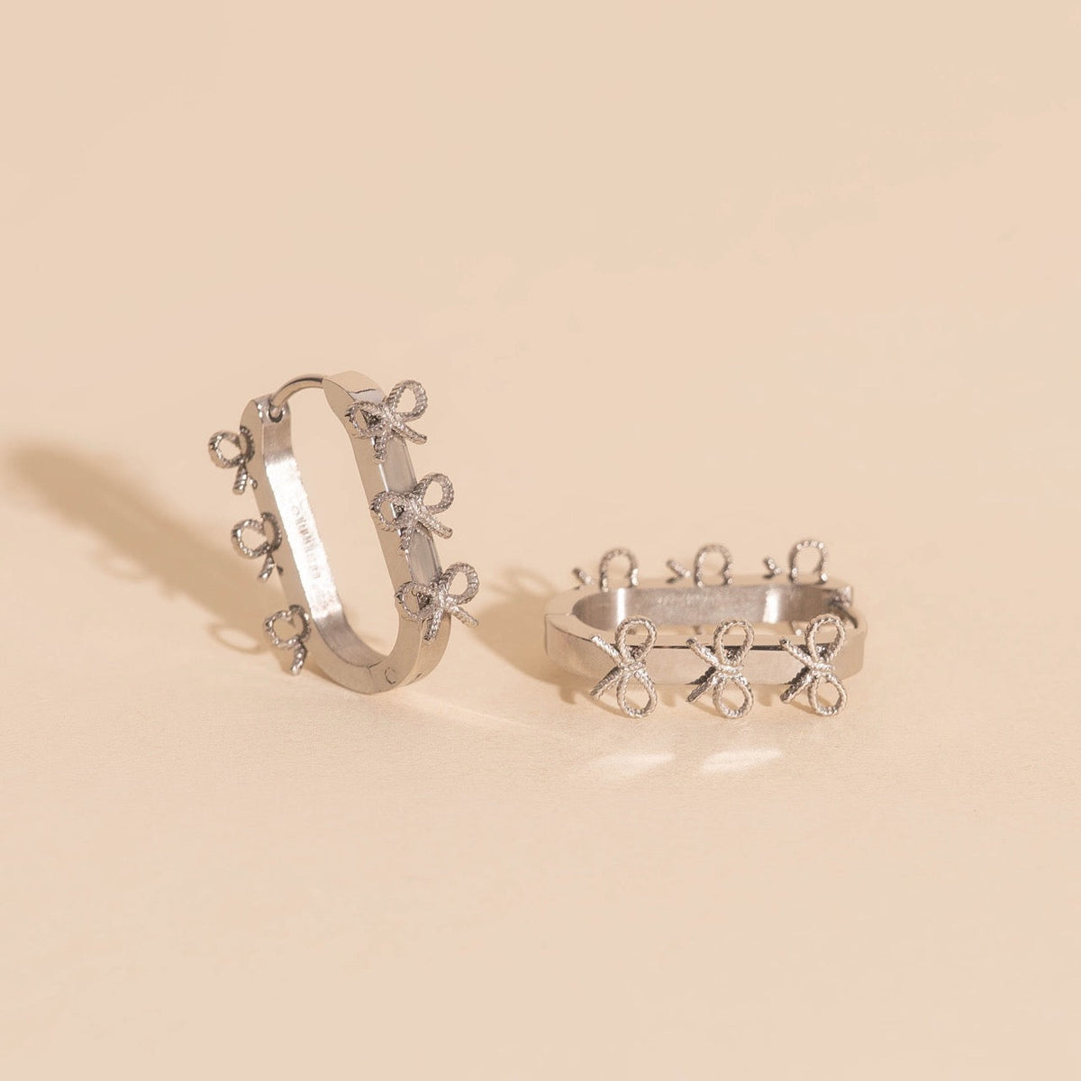 Stacked Rope Bow Oblong 3D Huggie Hoop Earrings
