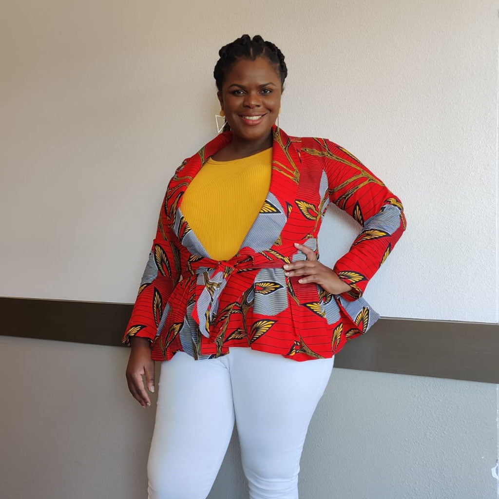 African Print Long Sleeved Peplum Red Blouse