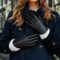 Selena (black) – Sheepskin leather gloves with diamond pattern and touchscreen feature 6