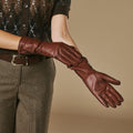 Skylar (brown) – Extra-long sheepskin leather gloves with wool/cashmere lining & touchscreen capability 5