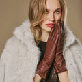 Skylar (brown) – Extra-long sheepskin leather gloves with wool/cashmere lining & touchscreen capability 7
