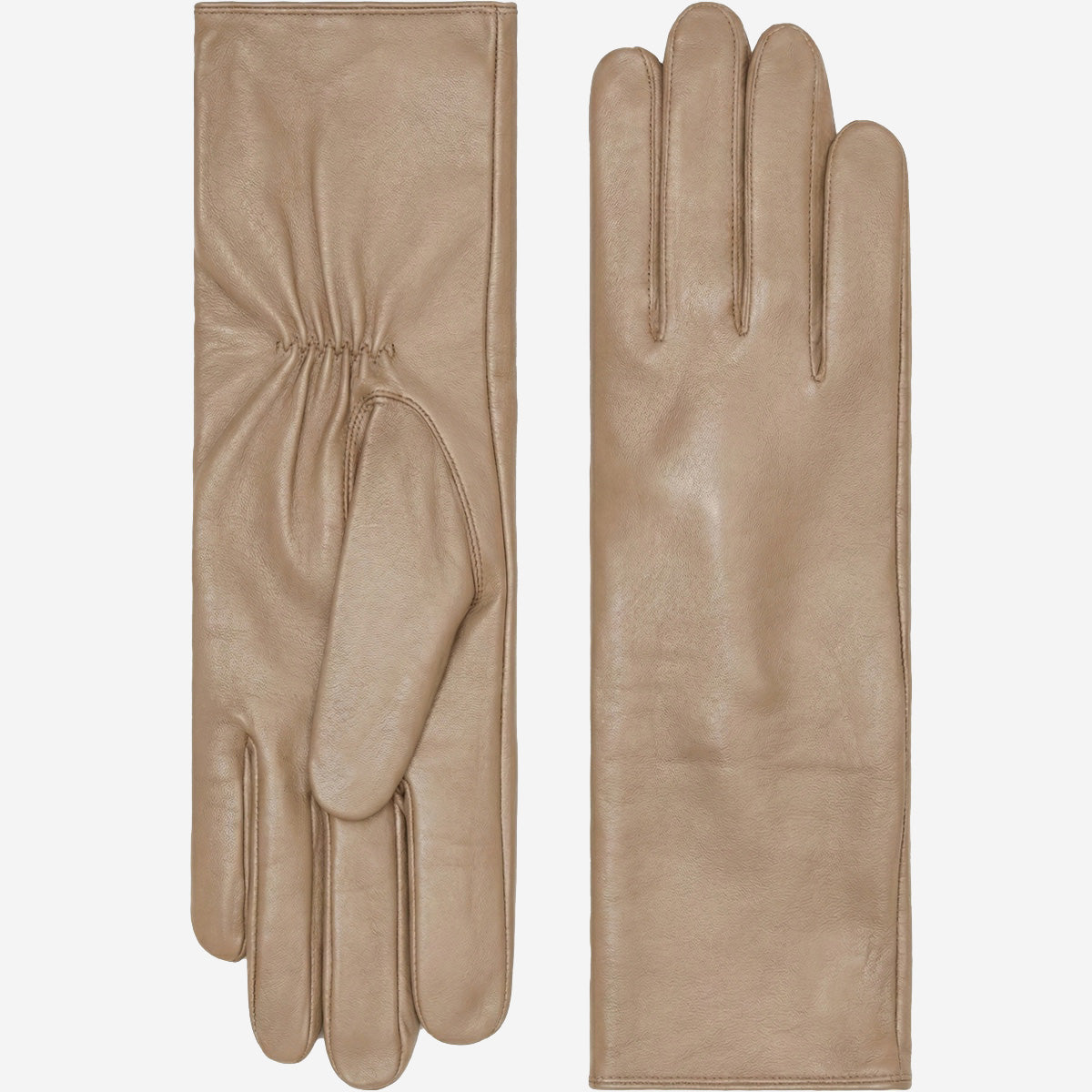 Skylar (taupe) – Extra-long sheepskin leather gloves with wool/cashmere lining & touchscreen capability