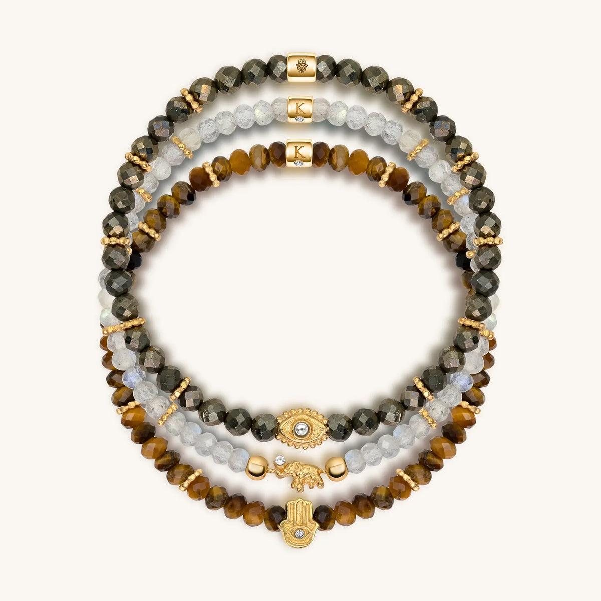 Fierce Spirit Tiger's Eye Labradorite Pyrite Triple Protection Bracelet Stack