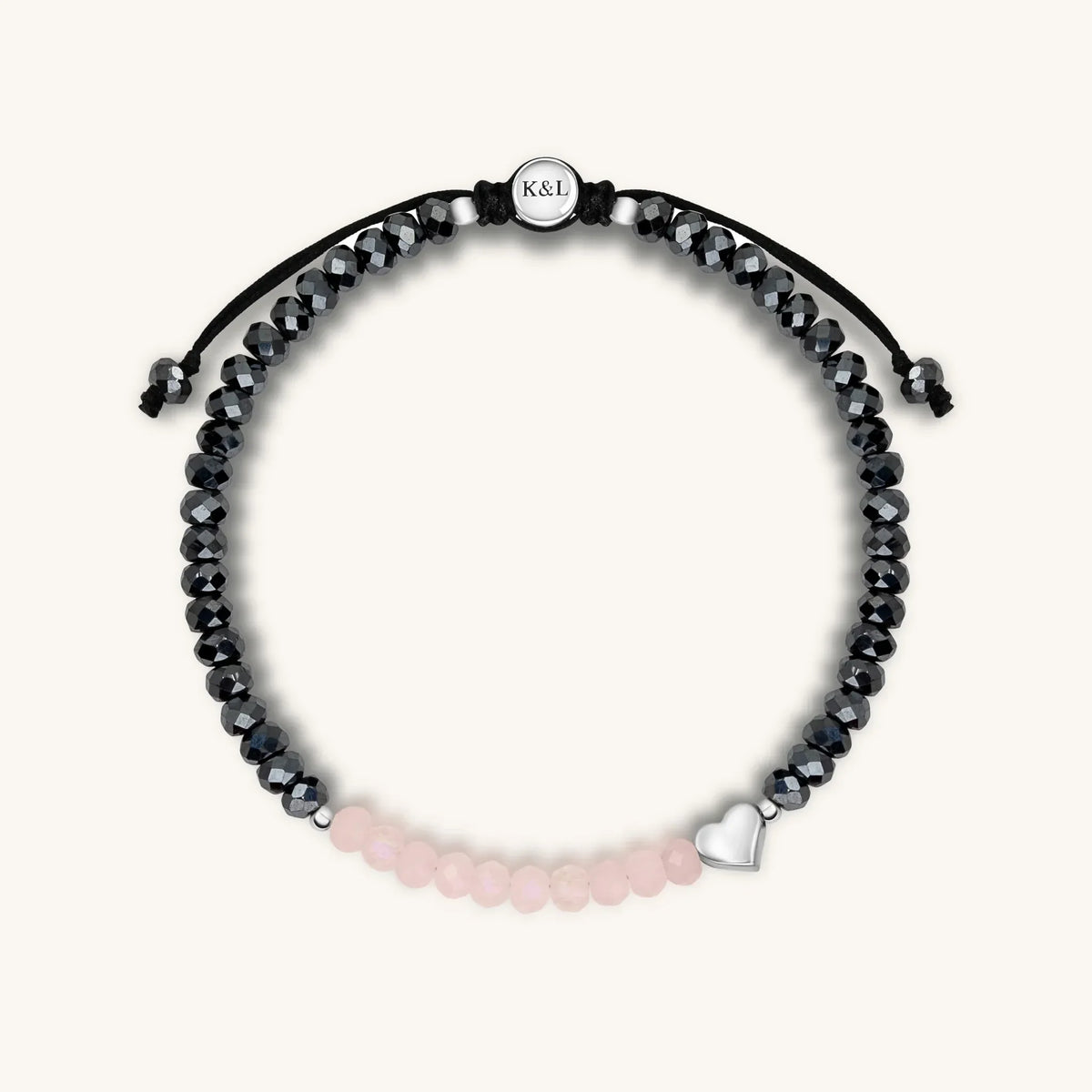 Spiritual Love Rose Quartz Hematite Heart Charm Bracelet