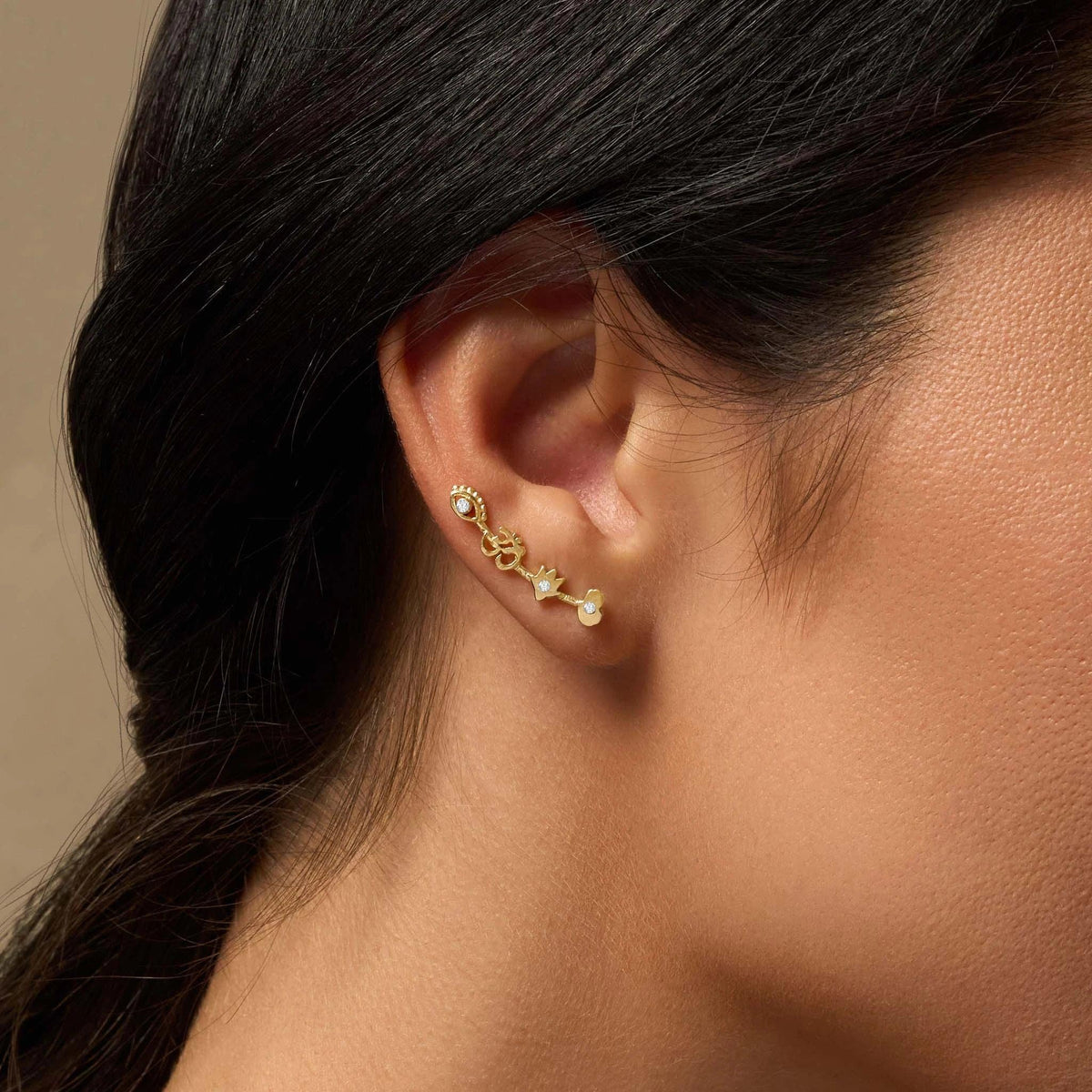 Divinely Guided Multi Symbol Climber Gold Earrings