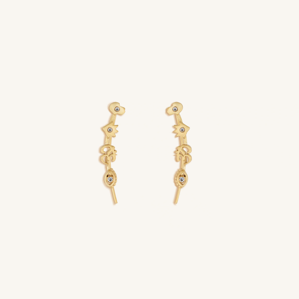 Divinely Guided Multi Symbol Climber Gold Earrings