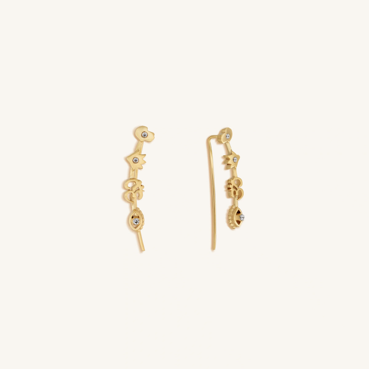 Divinely Guided Multi Symbol Climber Gold Earrings