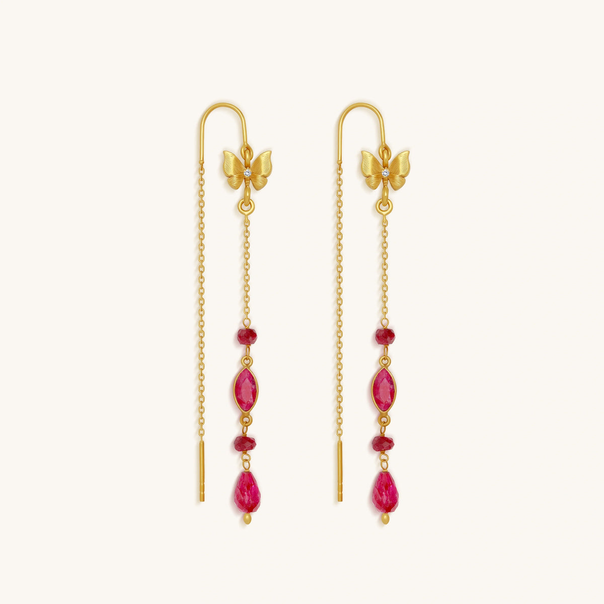 Opulent Soul Ruby Butterfly Gold Drop Earrings