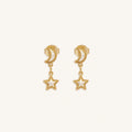 Ethereal Glow Rainbow Moonstone Moon & Star Gold Earrings 1