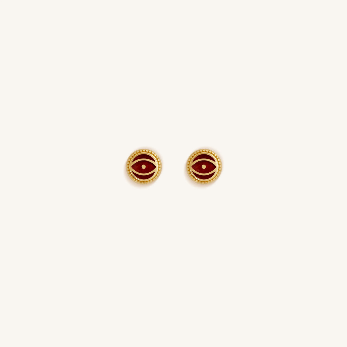 Crimson Shield Garnet January Birthstone Evil Eye Gold Stud Earrings