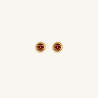 Crimson Shield Garnet January Birthstone Evil Eye Gold Stud Earrings