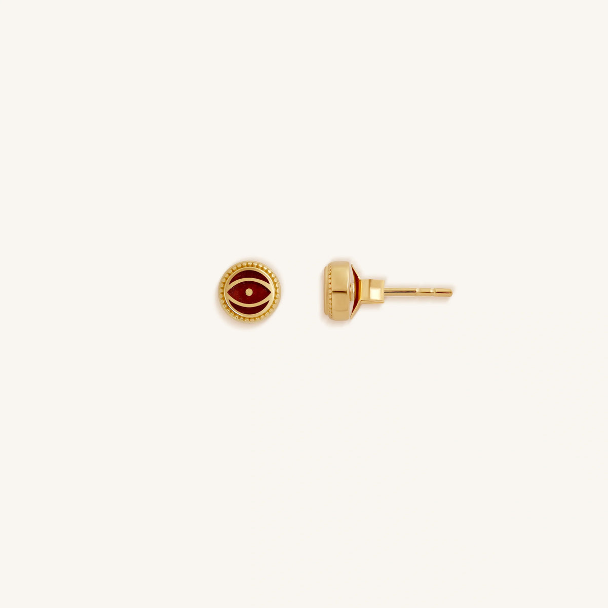 Crimson Shield Garnet January Birthstone Evil Eye Gold Stud Earrings