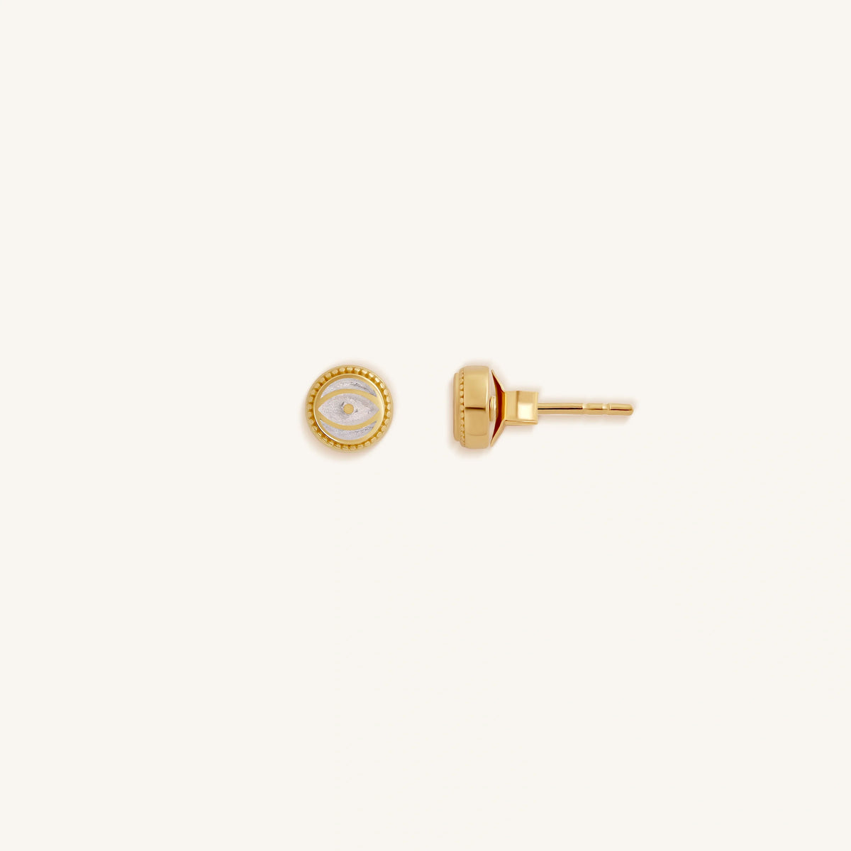 Luminous Shield White Quartz April Birthstone Evil Eye Gold Stud Earrings