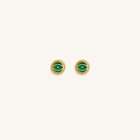 Verdant Guardian Emerald Agate May Birthstone Evil Eye Gold Stud Earrings