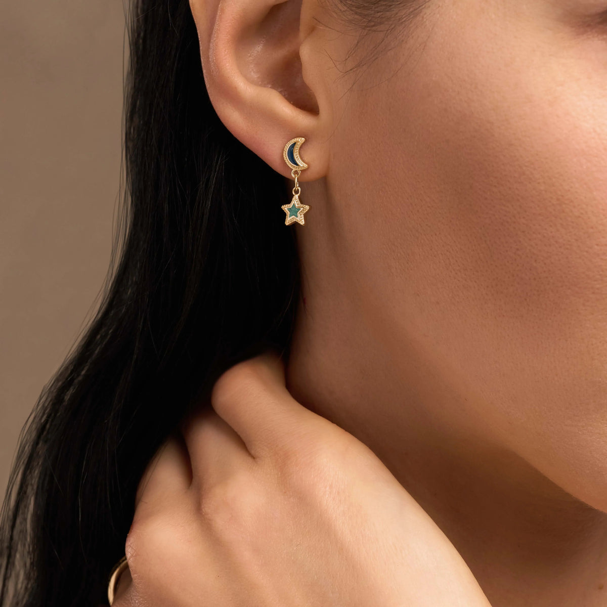 Celestial Vibrations Apatite & Amazonite Moon & Star Gold Earrings