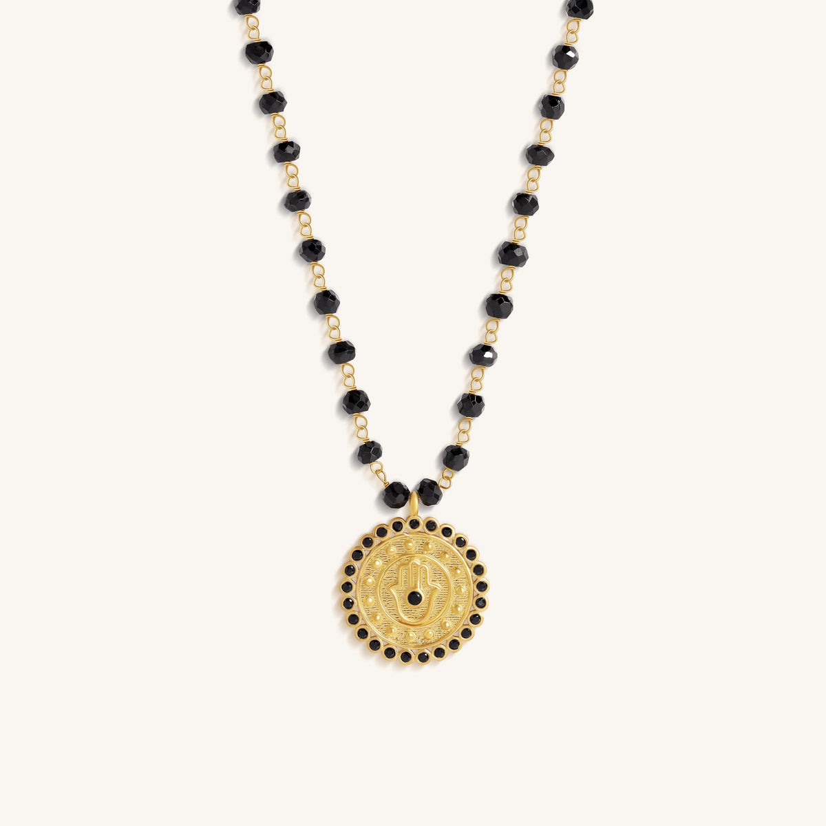 Silent Guard Hamsa Onyx Gold Necklace