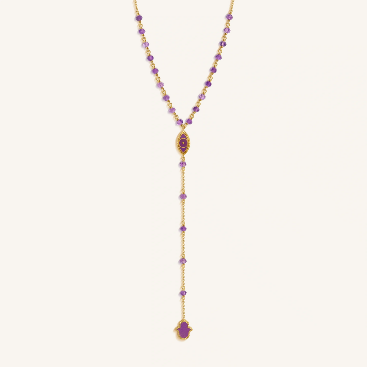 Guardian Spirit Amethyst Hamsa & Evil Eye Gold Necklace