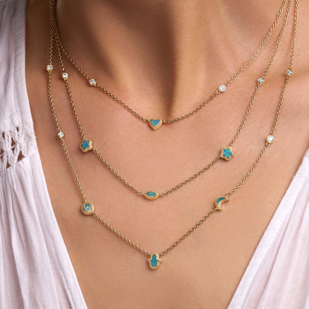Everlasting Blessings Turquoise Multi-Symbol Gold Layer Necklace