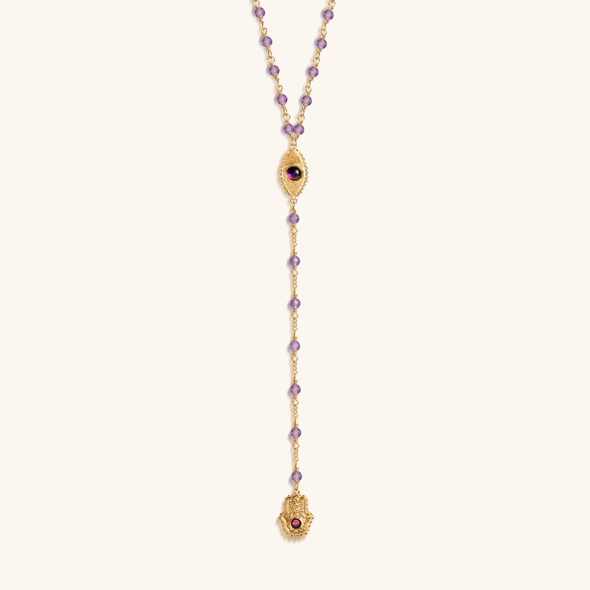 Peace of Spirit Amethyst Evil Eye Hamsa Lariat Necklace